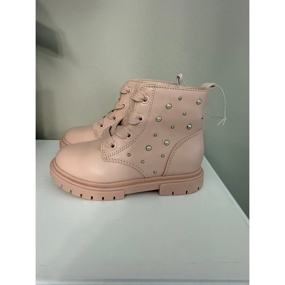 Cat & Jack Combat Boots Girls 9 Pink Pearl Studded Zipper NWT